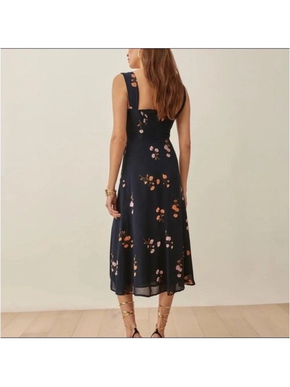 Reformation Navy Floral Fulton Sweetheart Neckline Midi Dress Size 10 - Picture 16 of 16